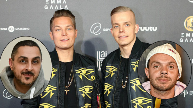 Nämä julkkismiehet kuuluvat härskien viestien Sisäpiiri-skandaaliryhmään: tv-tähtiä, artisteja, toimittaja, radiojuontaja – ryhmäkuva! Sisäpiiri, Cheek, Jare Tiihonen, Arman Alizad, Elastinen, Uniikki
