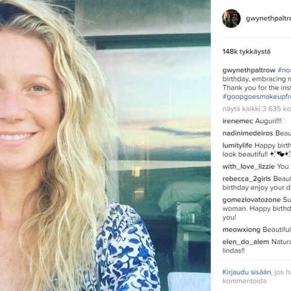 Gwyneth Paltrow meikittömänä syntymäpäivänsä kunniaksi: upea luonnonlapsi!