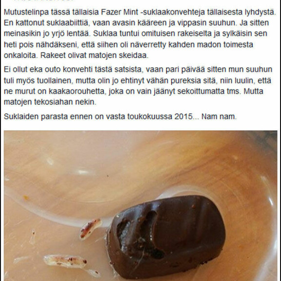 Suomalaisjulkkiksen ällöttävä yllätys: matoja Fazerin suklaassa - kuva!
