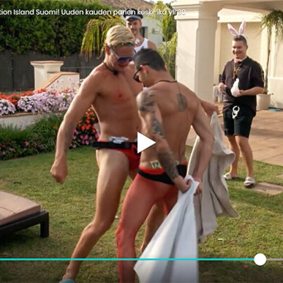 Joanna vilahtaa vasemmassa nurkassa videolla. Kuvakaappaus Ruutu -suoratoistopalvelusta. Temptation island suomi