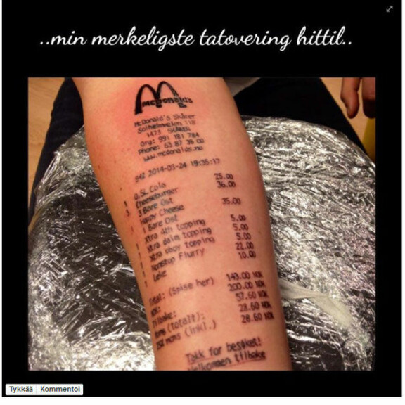 Mitääh, mies tatuoi pikaruokalan kuitin käsivarteensa - kuva!