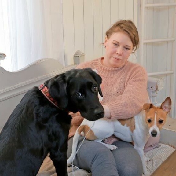 Minna kouluttaa kuvan Assia seuraavaksi kipukoiraksi. Talou-dessa on Assin ja Pepin lisäksi kaksi muutakin koiraa. – Neovat puhtaasti seurakoiria, Minna sanoo. Minna kouluttaa kuvan Assia seuraavaksi kipukoiraksi. Talou-dessa on Assin ja Pepin lisäksi kaksi muutakin koiraa. – Neovat puhtaasti seurakoiria, Minna sanoo.